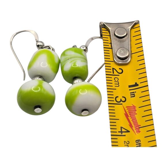 Artisan Pierced Glass Beaded Earrings Sterling Silver Green & White Geometric - Picture 4 of 6